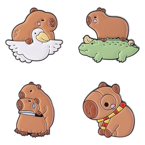Set of four cute capybara enamel pins with animal designs for backpacks and clothes