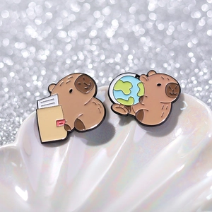 Cute capybara enamel pin set for backpacks featuring globe and folder designs
