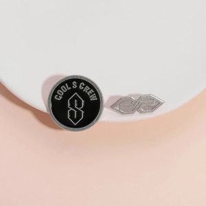 Minimalist Cool S Crew black enamel pin and silver metal geometric S badge set