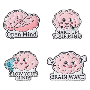 Set of four creative pink brain enamel pins with fun quotes on a white background