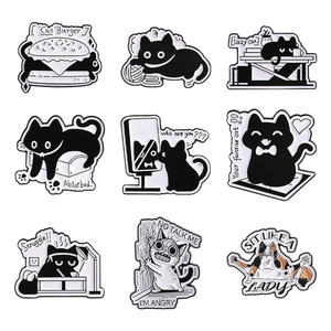 Set of 9 cute cartoon cat enamel pins for backpacks and clothes with funny English phrases