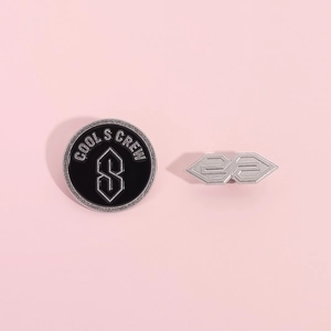 Minimalist geometric letter S brooch set with Cool Screw enamel badge on pink background
