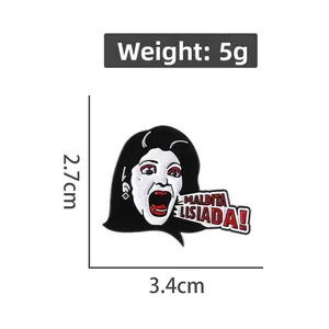Detailed view of Maldita Lisiada enamel pin dimensions 3.4cm by 2.7cm and 5g weight