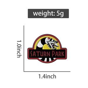 Detail view of Saturn Park enamel pin with 1.4x1.0 inch size and 5g weight specs