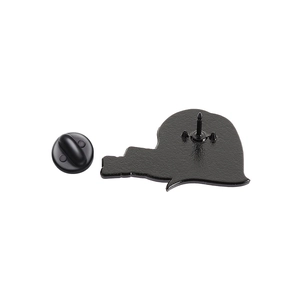 Detail of metal pin back with black enamel finish and secure rubber clutch closure
