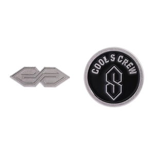 Vintage round metal badge set with 'Cool S Crew' logo in black enamel and silver geometric design