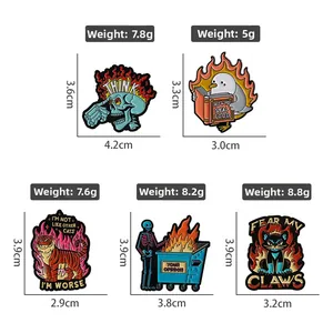 Detailed dimensions and weight specifications for five assorted enamel animal pins