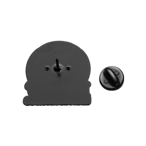 Detail view of the metal frog brooch back with secure black rubber clutch and needle
