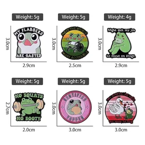 Set of 6 cute cartoon lifting frog enamel pins with funny motivational phrases and gym themes