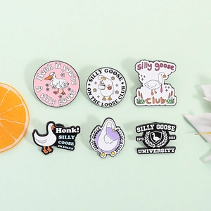 Set of 6 cute enamel goose pins with funny English slogans on fresh green background