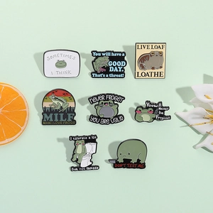 Set of 8 creative cartoon green frog enamel pins with funny meme slogans and alloy finish