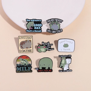 Set of 8 cute green frog enamel pins with funny meme captions for clothing and bags