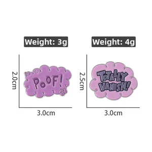 Détails des pins émaillés violets Poof affichant les tailles 2,0x3,0cm et 2,5x3,0cm