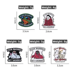 Detail view of five enamel pins showing exact size and weight for Halloween characters