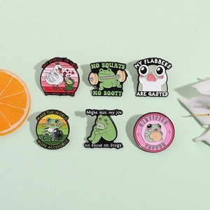 Funny frog enamel pins set featuring creative cartoon memes on a light green background