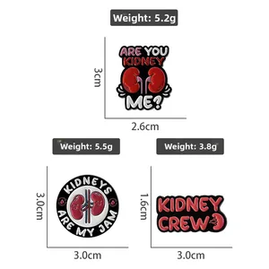 Detailed size and weight view of three creative kidney-shaped medical enamel pins