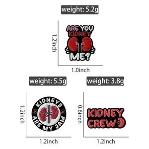 Detailed view of three cartoon kidney enamel pins with sizes and weights shown