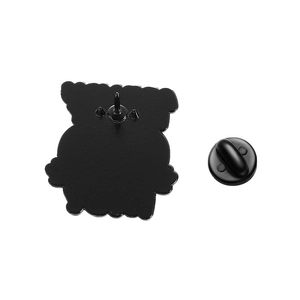 Back view of black enamel kidney pin showing zinc alloy base and rubber clutch