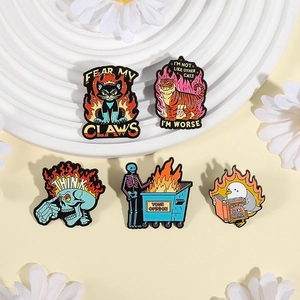 Five-piece cartoon animal and skull enamel pin set with flame details and vibrant colors