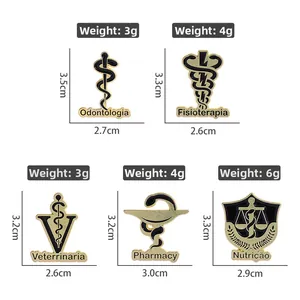 Detailed view of medical enamel pins for dentistry pharmacy and veterinary professions
