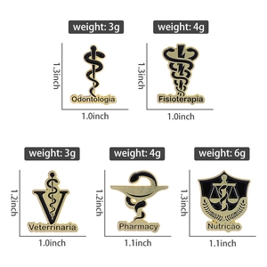 Detailed size chart for five medical enamel pins with gold finish and black enamel filling