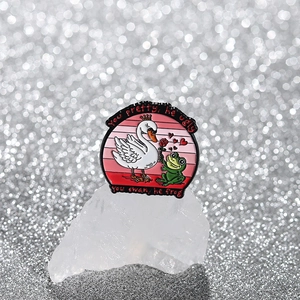 Funny enamel pin featuring a swan and frog with You Pretty He Ugly humorous text design