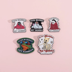 5pcs Enamel Pin Set featuring animals and skeleton with Even Baddies Get Saddies text
