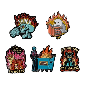 Creative 5-piece punk enamel pin set featuring flame cat tiger and skull badges on white background