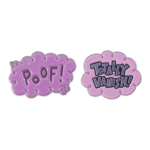 Lot de deux pin's en émail violet en forme de nuage avec texte Poof et Totally Vanish