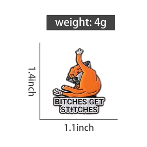 Detail view of funny orange dog enamel pin with size and weight dimensions
