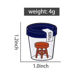 Detail showing Stool Sample enamel pin with 1.2 x 1.0 inch dimensions and 4g weight