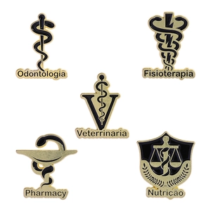 Five medical profession enamel pins in gold and black featuring Caduceus and health symbols