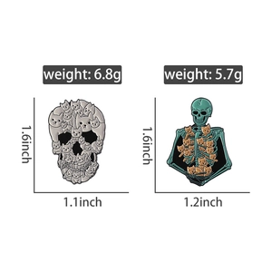 Gothic skull cat enamel pins showing detailed product dimensions and weight specs