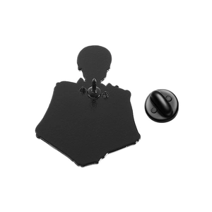 Macro detail of the matte black alloy enamel pin back with a durable rubber clutch