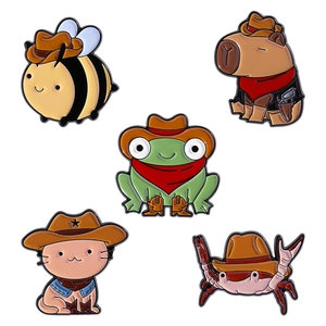 5-pack cute cowboy animal enamel pins featuring a bee, capybara, frog, cat, and crab