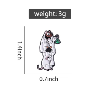 Detailed view of enamel lab rat brooch showing stacked mice in a white lab coat