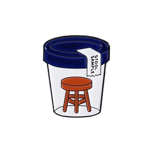 Funny Stool Sample enamel pin featuring a miniature wooden stool inside a specimen jar