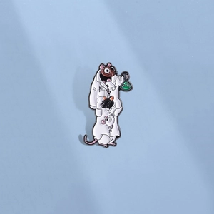 Cute cartoon lab rat enamel pin badge featuring mice in a white lab coat with flask