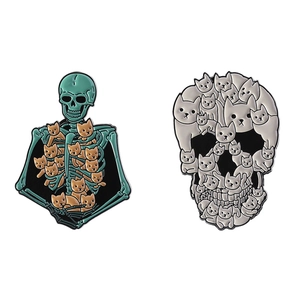 Creative Halloween enamel pins featuring skeleton cat and cat skull designs for decoration