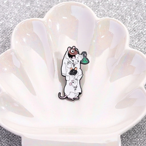 Cute white lab rat enamel pin showing three mice in coats with green lab flask
