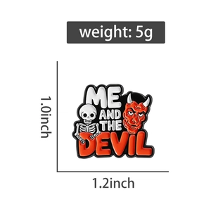 Detail view of Me and the Devil enamel pin with 1.0x1.2 inch size and 5g weight specs