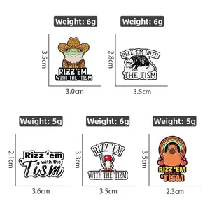Detailed size and weight specs for enamel pins featuring cartoon frogs and capybaras