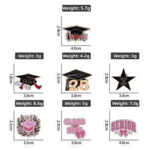 Detail specifications of 2025 graduation enamel pins showing various sizes and weights