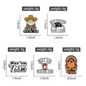 Detailed size chart showing dimensions and weight for cartoon animal enamel pins
