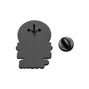 Detailed macro view of the black matte alloy brooch back with pin and clasp component