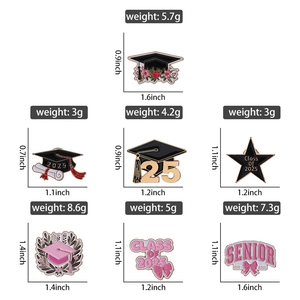 Detail view of 2025 graduation enamel pins showing exact weight and size specifications