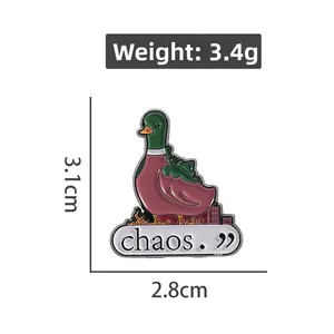 Detail view of chaos duck enamel pin with dimensions 3.1x2.8cm and 3.4g weight