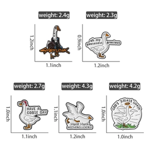 Detailed size and weight chart for creative silly goose enamel pins and animal badges