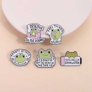Niedliches grünes Frosch-Emaille-Pin-Set mit heilenden englischen Zitaten für Taschen