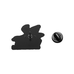 Detail view of the black enamel metal pin back and rubber clutch on a white background